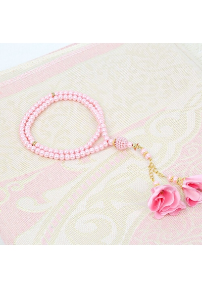 Hediyelik İpek Nur Tafta Seccade Pembe & Güllü İnci Tesbih 8 Mm Pembe Çok Renkli