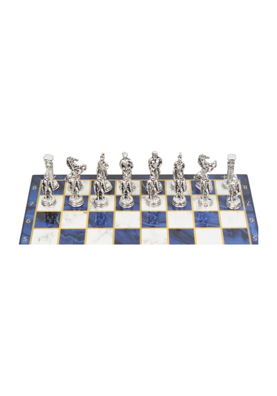 Lüks Metal Satranç Takımı Krom Kaplama Roma Ordusu Figür & Gök Mavi Mermer Desenli Tahta 20 Cm.
