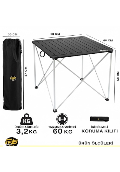 Funky Chairs Titanium Katlanabilir Çantalı Alüminyum Kamp Ve Piknik Masası 68 68 58 - Siyah Siyah
