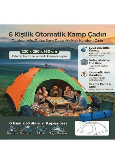 Buffer 6 Kişilik Otomatik Kurulum Kamp Çadırı Outdoor Aile, Doğa, Suya Dayanıklı Hızlı Kurulum Çadır 220x250x160 Cm Haki
