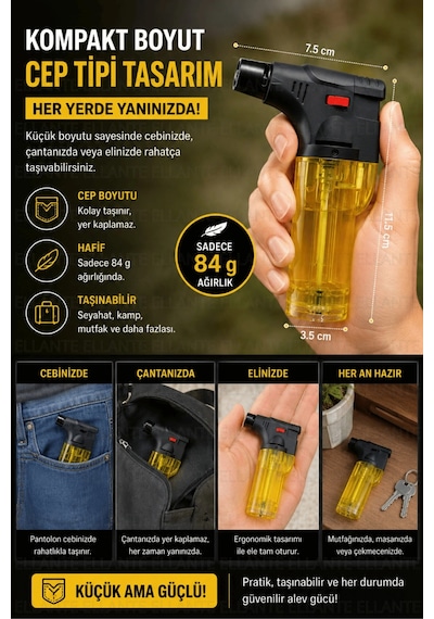 Pürmüz Çakmak Ayarlanabilir Alevli Emniyet Kilitli Şeffaf Gaz Hazneli Kompakt Mutfak Kamp Çakmağı Çok Renkli