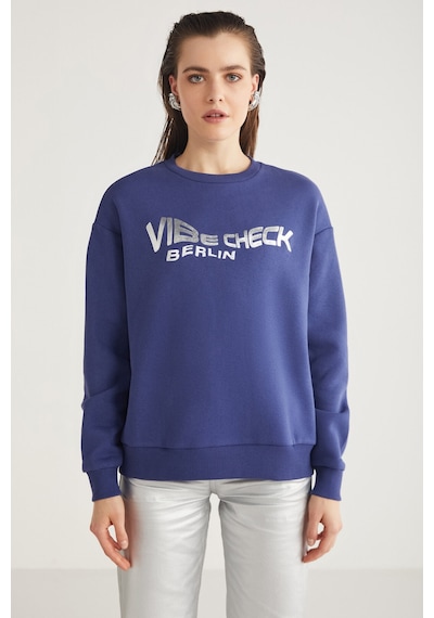 Ethıquet Clover Kadın Bisiklet Yaka Varak Baskı Detaylı Lacivert Sweatshirt