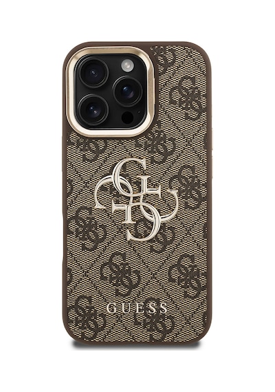 Apple Uyumlu iPhone 16 Pro Max Kılıf Guess Lisanslı Metal 4g Ve Yazı Logolu Kamera Standlı Kapak Kahveren