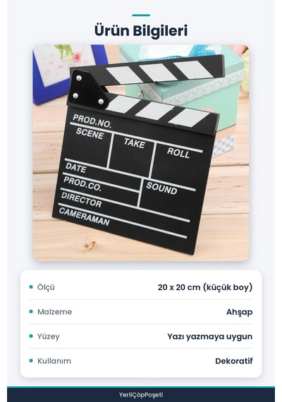 Küçük Boy Dekoratif Sinema Klaketi - Ahşap - 20x20 Cm Standart
