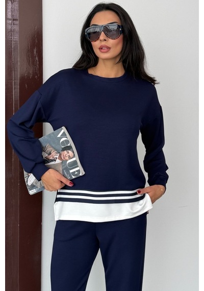 Ded Collectıon Kadın Yanı Yırtmaçlı İnce Şerit Detaylı Uzun Kol Sweatshirt Modal Takım Lacivert Ded Collectıon Kadın Yanı Yırtmaçlı İnce Şerit Detaylı Uzun Kol Sweatshirt Modal Takım Lacivert