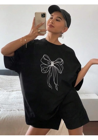 Kadın Baskılı Kısa Kol Oversize T-shirt - Siyah Siyah