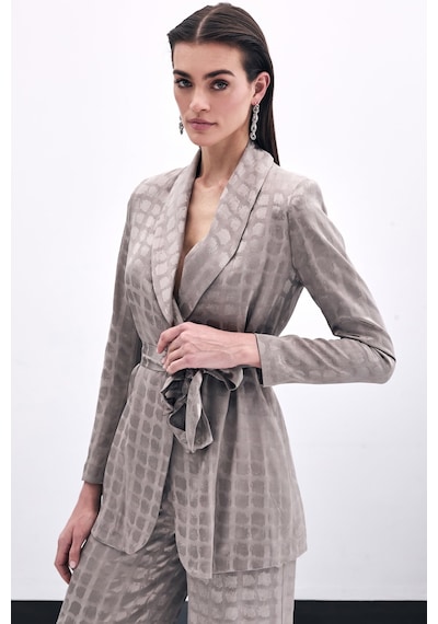 Sateen Kare Desenli Kuşaklı Ceket - Vizon-135790 Vizon
