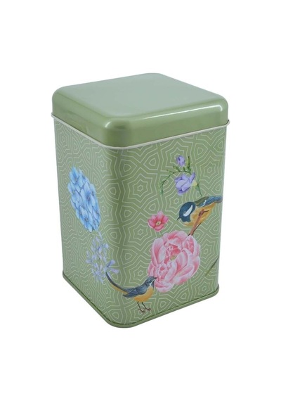 Blooming Green Desenli Kare Metal Saklama Kabı 10.5 x 10.5 x 16 CM 1.7 L