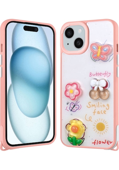 Apple Uyumlu iPhone 14 Plus Kılıf Parlayan Sıvılı Simli Kabartma Figürlü Zore Cevze Kapak-pembe Pembe