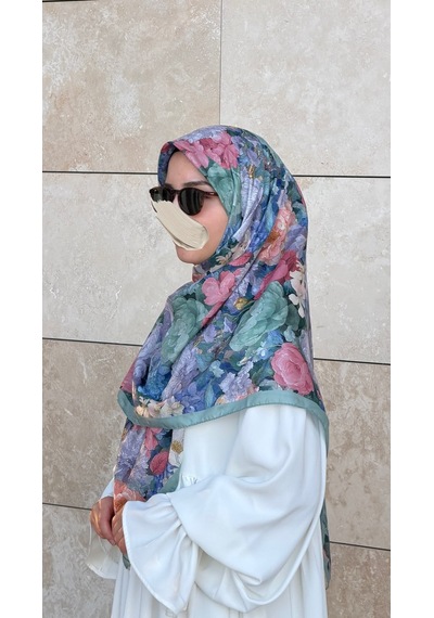 Qalortex Scarf Pamuklu Gonca Desen Eşarp - Su Yeşil