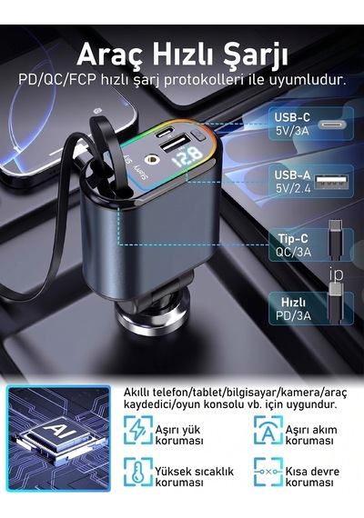 4'ü 1 Arada Çoklu Araç Şarj Aleti Type-c Ve Lightning Destekli Çakmaklık Başlığı