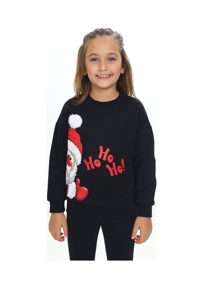 Toontoy Kız Çocuk Regular Fit Bisiklet Yaka Düşük Omuz Baskılı Sweatshirt - 2 İplik Siyah