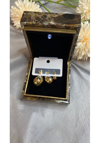 Üçlü Damla Gold Çelik Tarz Küpe Altın - Çok Renkli