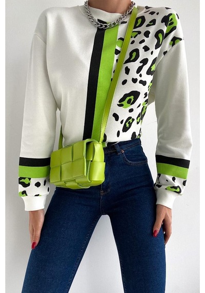 Femelle Kadın Leopar Desen Pamuk Sweatshirt Beyaz