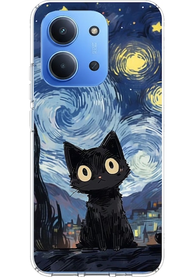 Redmi 15c Uyumlu Gece Yarısı Kedi Tasarımlı Baskılı Silikon Kılıf Renkli