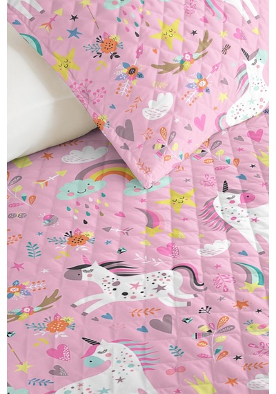Evimde Bambaşka Pembe Unicorn Kız Çocuk Pike Takımı - Gökkuşağı Pastel Beyaz Bebek Odası Yatak Örtüsü - 160x220  CM