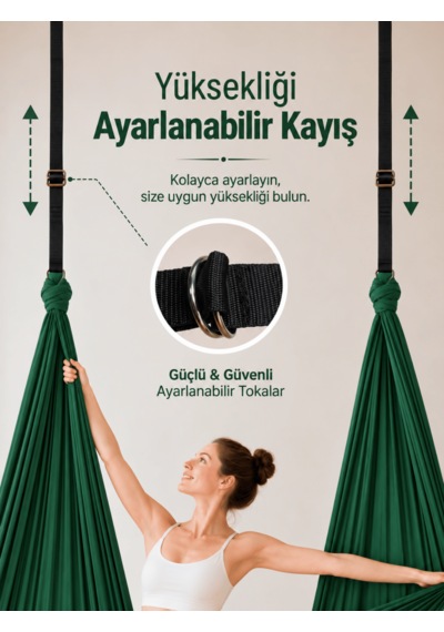 Beylini Yoga Hamağı Fly Salıncağı Yükseklik Ayarlanabilir Antigravity Esnek Askılı Denge Spor Aleti Pilates Fitness Denge Esneme Gerdirme Gelişim Yeşil