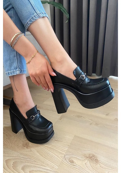 Preshley Kadın Clara İnce Tokalı Lofer Model 12 Cm Platform Topuklu Ayakkabı-siyah Siyah