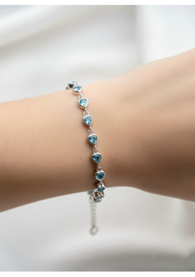 Çekirdekjewelry 925 Ayar Gümüş Kalplı Taşlı Bileklik Gri Aqua