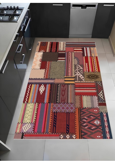 Patcwork Desen Renkli Modern Halı Dekoratif Kilim Bordo
