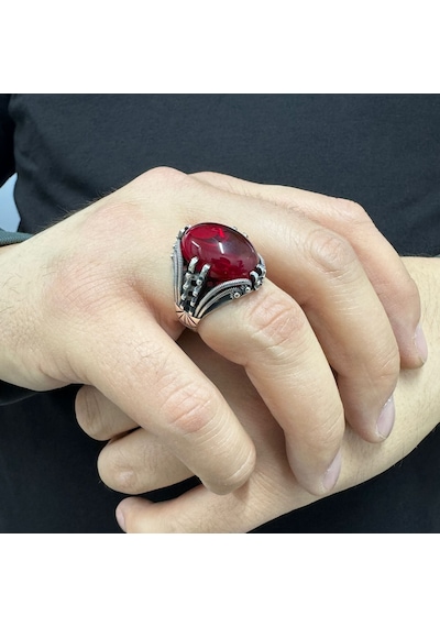 Takılingo 925 Ayar Gümüş Ruby Taşlı Sade Motifli Erkek Yüzük Gümüş