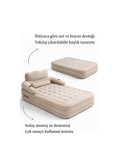 Tek Kişilik Kendi Kendine Şişen Otomatik Şişme Yatak Çıkarılabilir Başlıklı Kamp Ve Misafir Yatağı Bej