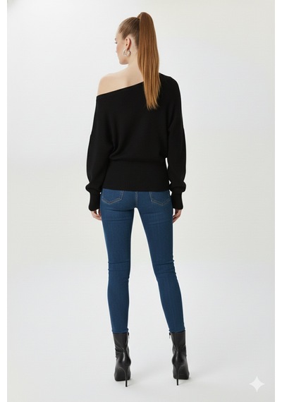 Fiolin Omuzu Açık Off Shoulder Triko Kazak Siyah