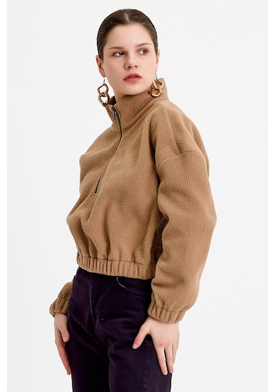 JAHR MARC Bej Crop Fit Kadın Peluş Sweatshirt