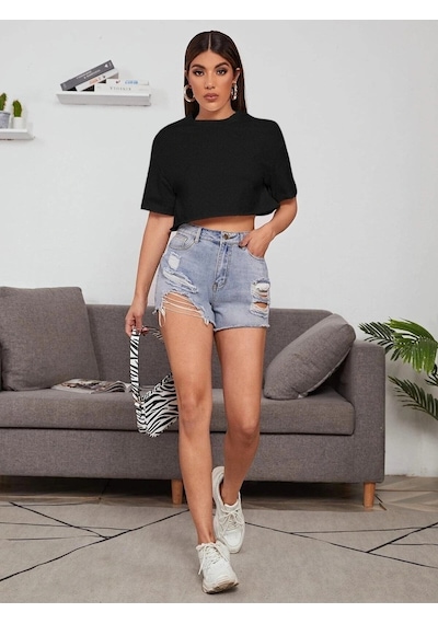 Startmore Kadın Beyaz Bisiklet Yaka Oversize Crop T-shirt Siyah