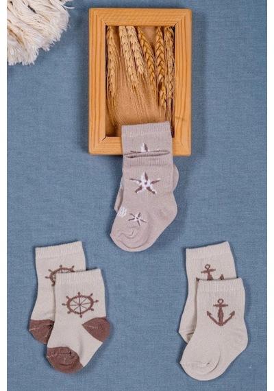 Cocole Socks Erkek Çocuk Soket Çorabı 3 Lü Set Pamuklu Bej Marin & Çapa Desenli Çok Renkli