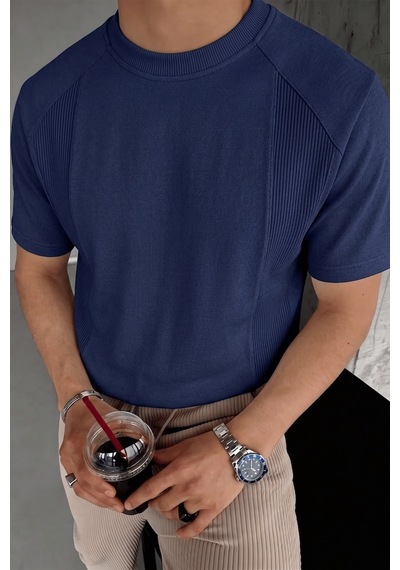 Genius Store Erkek Tişört Basic Bisiklet Yaka Tişört Rahat Kesim Dökümlü Günlük Spor Tshirt İndigo