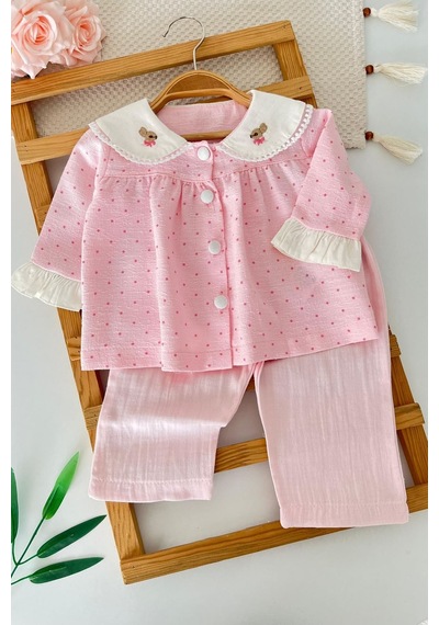 Minigimin Cicileri Yaka Tavşan Nakış Detaylı Puantiyeli Kız Bebek 2 Li Takım - Pembe