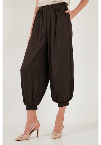 Lela Comfort Fit Yüksek Bel Lastikli Paça Saten Bayan Pantolon 68351217 Kahve