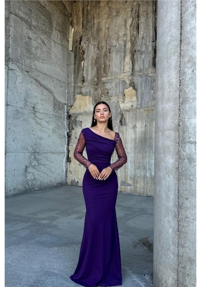 DefyModa Kadın Asimetrik Yaka Taş Detaylı Maxi Abiye Elbise Mor