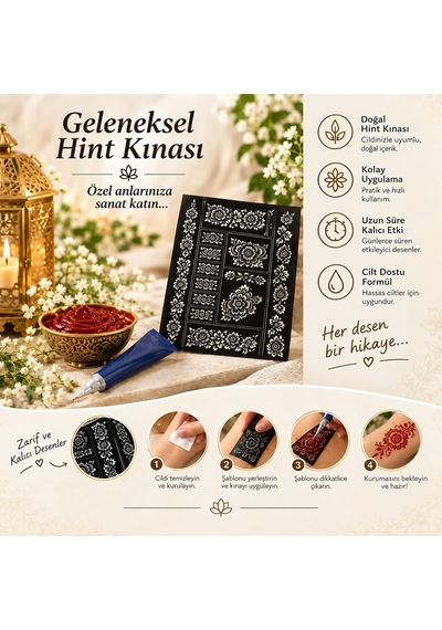 Hint Kınası Geçici Dövme Seti, 25 Gr Tüp, 12 Desenli Şablon Kırmızı