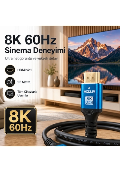 6060 8k Ultra Hd 2.1v 48gbps Hdmi Kablo 1.5 Metre Altın Kaplama Led Tv