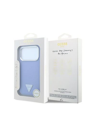 Apple iPhone Uyumlu 18 Pro Max Kılıf Guess  Lisanslı M-safe Özellikli Grained Triangle Kapak Açık Mavi