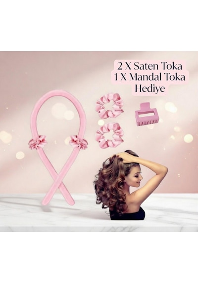Isısız Saç Şekillendirme Seti Pudrapembe Saten Saç Sosisi %100 Saf Ipek Saten 0