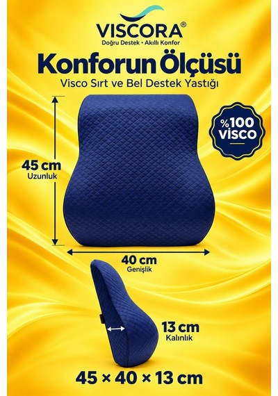 Araba Sırt Minderi Ofis Koltuk Sırt Minderi Ergonomik %100 Visco Klipsli Destek Yastığı, Lacivert