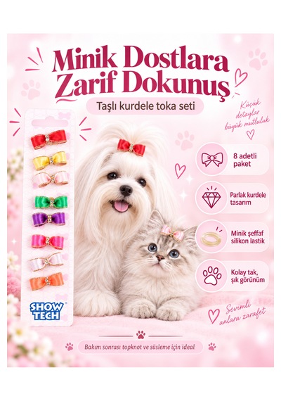 Show Tech Molly Sparkle Taşlı Lastikli Kurdele Kedi Köpek Tokası 8 Adetli Paket