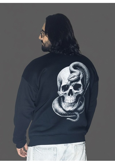 Dark Line Kiss Of The Serpent Sırt Baskılı %100 Pamuk Unisex Siyah Oversize Sweatshirt Siyah