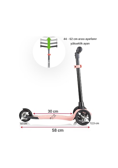 Wellgro Turbo 3 Tekerli Yükseklik Ayarlı Scooter, Pembe Pembe