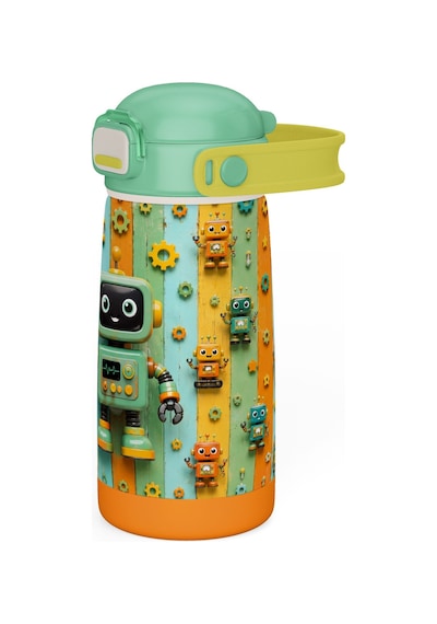 Puccon 420 Ml Erkek Çocuk Yeşil Robot Baskılı Okul Matarası/termosu - 60016 - Sevimli Robotlar