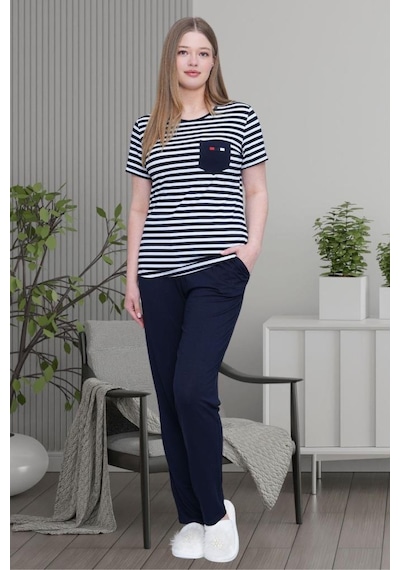 Mecit Pijama Mecit 6202 Bayan Lacivert Çizgili Büyük Beden Pijama Takımı Lacivert