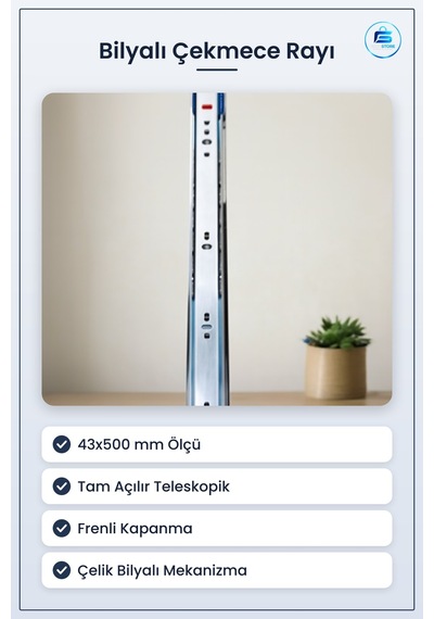 Teleskopik Bilyalı Çekmece Rayı 43x500 Mm Frenli Takım Çelik Mobi Çok Renkli