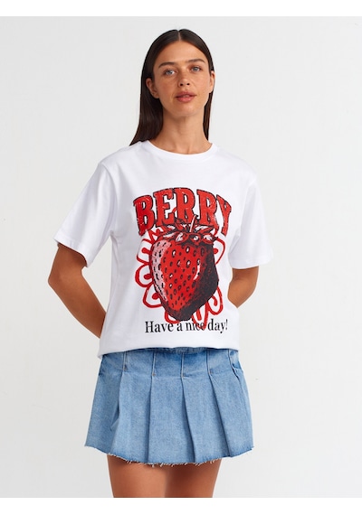 Dilvin Baskılı Bisiklet Yaka T-shirt Beyaz