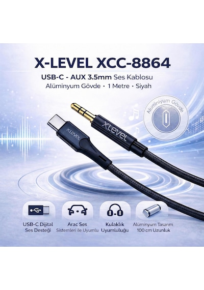 X-level Xcc-8864 Usb-c To Aux 3.5mm Ses Kablosu Aliminyum 1 Metre Siyah