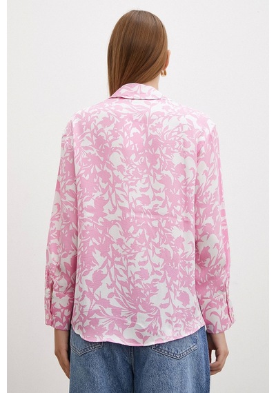 Never More Desenli Gofret Saten Gömlek Pembe Pembe