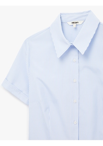 Koton Slim Fit Klasik Yaka Kısa Kollu Çizgili Poplin Gömlek Mavi Çizgili 6sak60022uw Antrasit