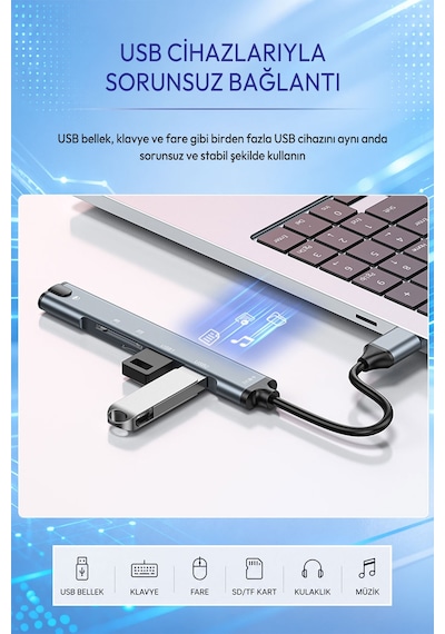 Type-c Çok Fonksiyonlu Hub Adaptör, Usb 2.0 Tf Sd Kart Okuyucu Ve 3.5mm Ses Girişli Otg Çevirici, Telefon Tablet Uyumlu, Klavye Mouse Usb Bellek İçin N806a